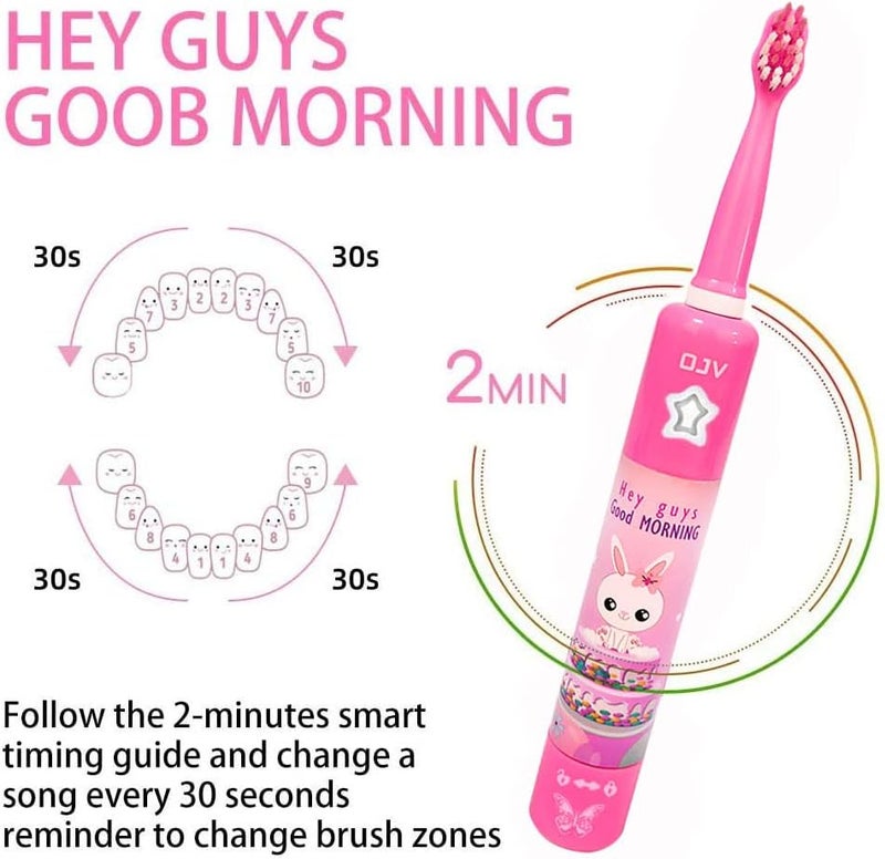 OJV 8620 Musical Electric Toothbrushes for Kids Children, 3 Modes 2 Min Timer, 6 Bristles Rechargeable Power Smart Sonic Music Play Song Toothbrush for Girls Age 3-14 with Wall Mounted Holder (Pink) - Image 2